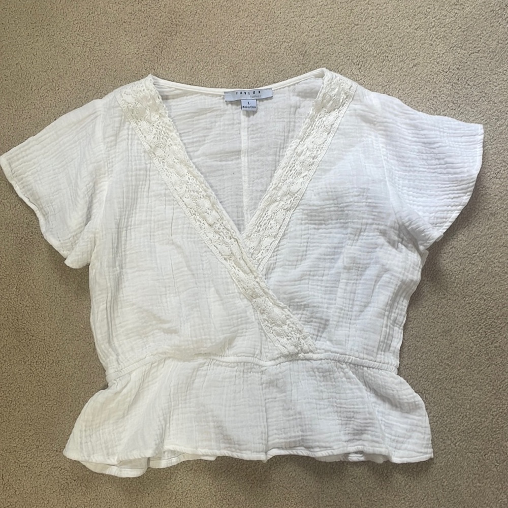 White Blouse Top with Lace Neckline